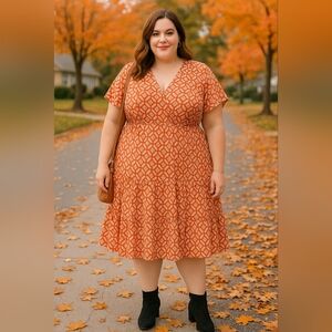 1X Shein Curve Women’s Burnt Orange Geometric Print V-Neck Midi Dress Tiered